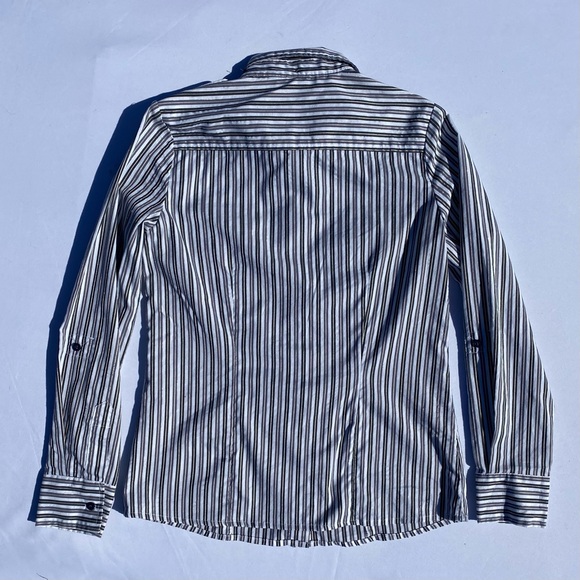 ANTILIA FEMME Black/White/Silver/Grey Striped Blouse, Size Large. - Picture 2 of 6